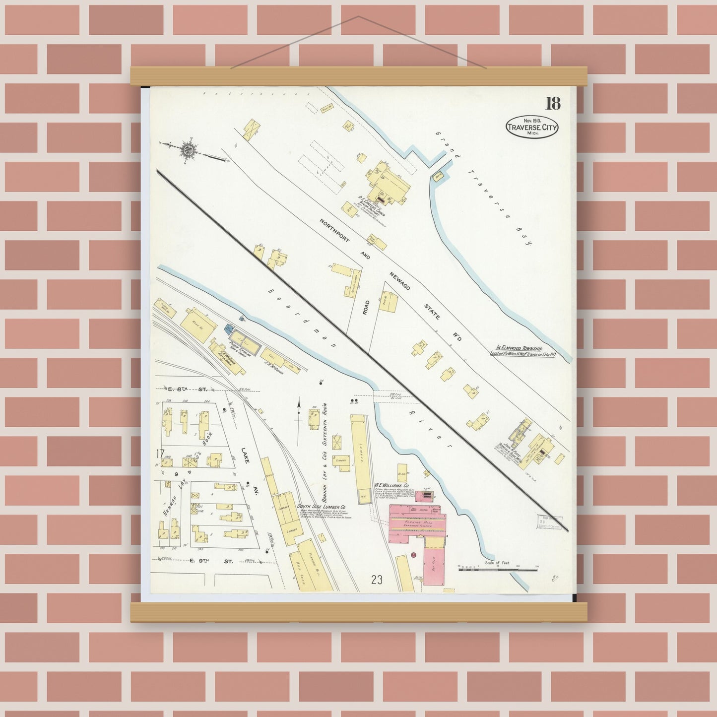 Old map wall art mockup — magnetic wood frame on brick wall — Sanborn Fire Insurance Map from Traverse City, Grand Traverse County, Michigan (1910), Sheet #0018