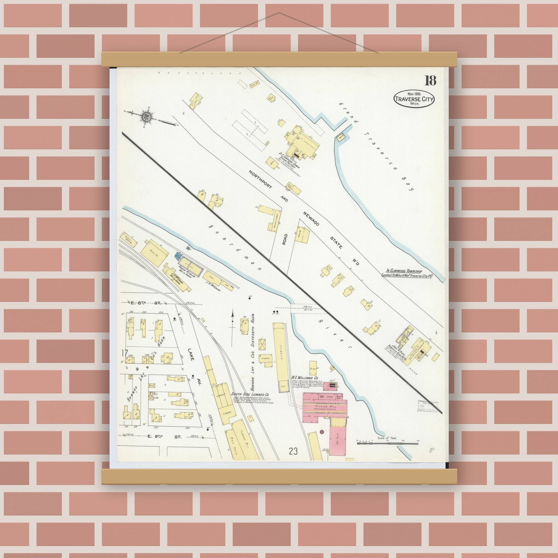 Old map wall art mockup — magnetic wood frame on brick wall — Sanborn Fire Insurance Map from Traverse City, Grand Traverse County, Michigan (1910), Sheet #0018