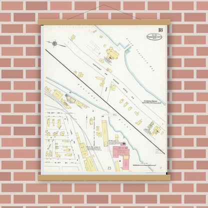 Old map wall art mockup — magnetic wood frame on brick wall — Sanborn Fire Insurance Map from Traverse City, Grand Traverse County, Michigan (1910), Sheet #0018