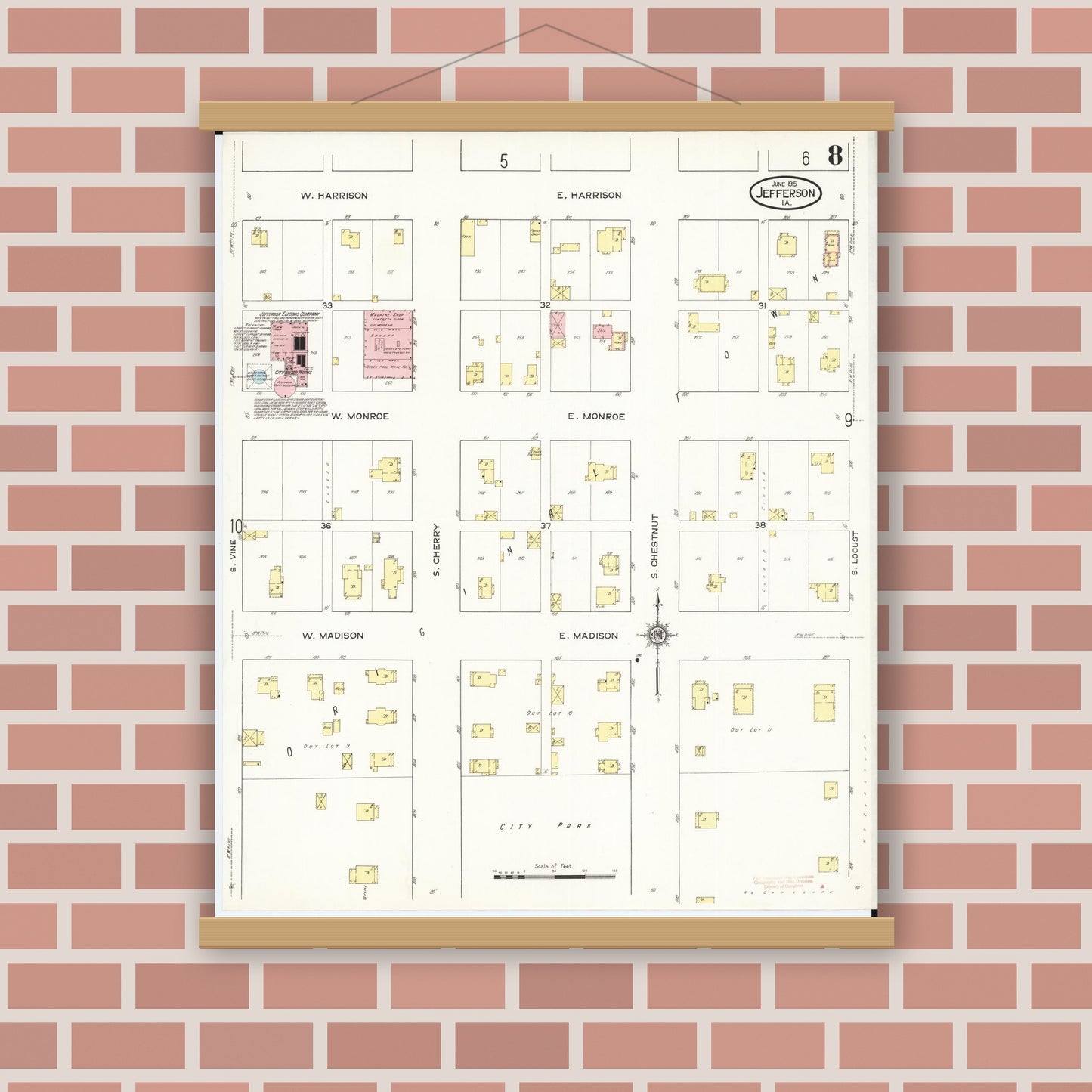 Old map wall art mockup — magnetic wood frame on brick wall — Sanborn Fire Insurance Map from Jefferson, Greene County, Iowa (1915), Sheet #0008