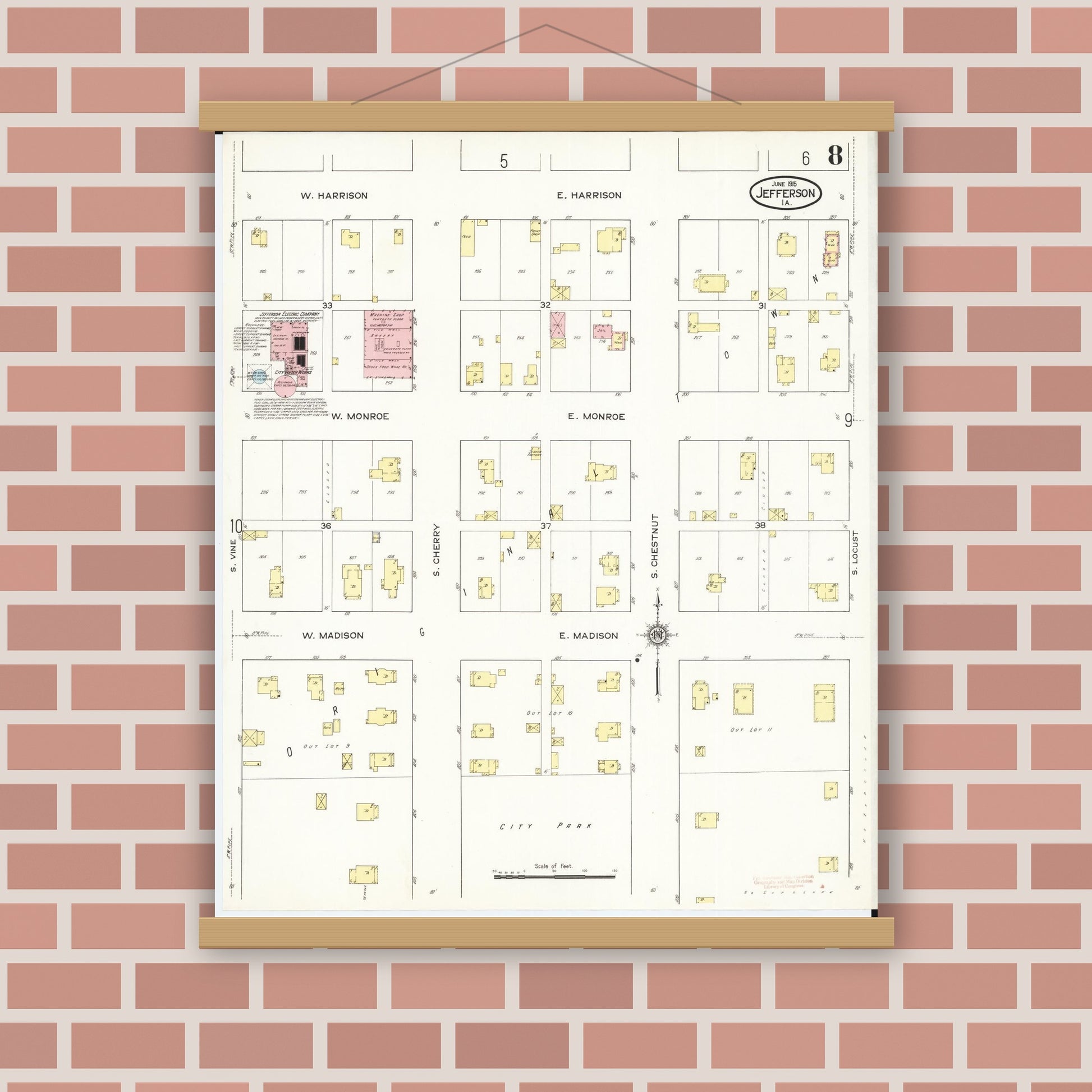 Old map wall art mockup — magnetic wood frame on brick wall — Sanborn Fire Insurance Map from Jefferson, Greene County, Iowa (1915), Sheet #0008
