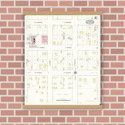 Old map wall art mockup — magnetic wood frame on brick wall — Sanborn Fire Insurance Map from Jefferson, Greene County, Iowa (1915), Sheet #0008