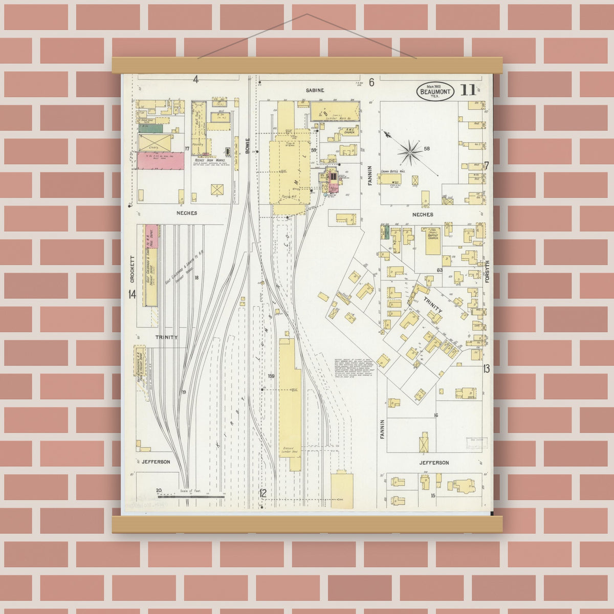 Old map wall art mockup — magnetic wood frame on brick wall — Sanborn Fire Insurance Map from Beaumont, Jefferson County, Texas (1902), Sheet #0011