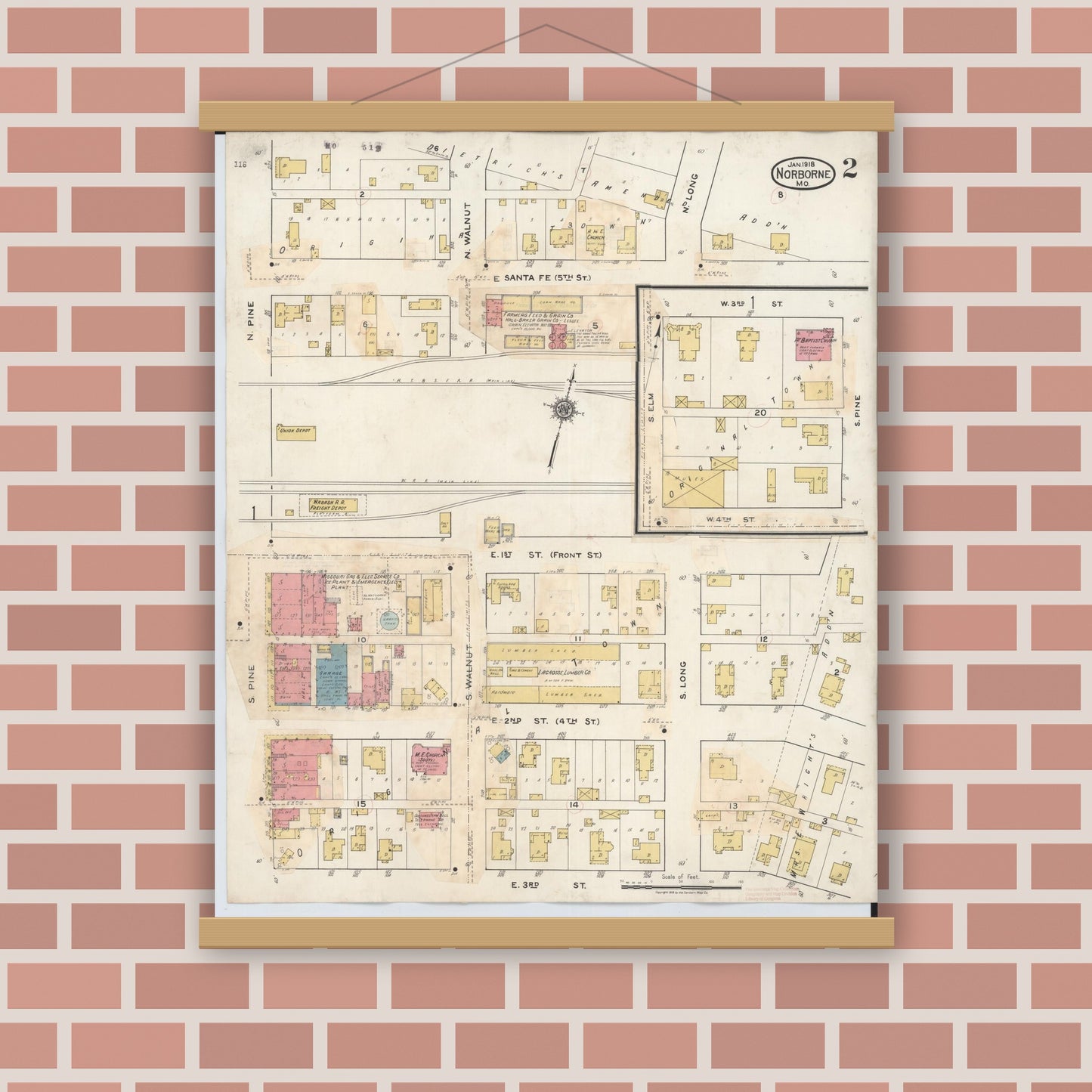 Old map wall art mockup — magnetic wood frame on brick wall — Sanborn Fire Insurance Map from Norborne, Carroll County, Missouri (1933), Sheet #0002