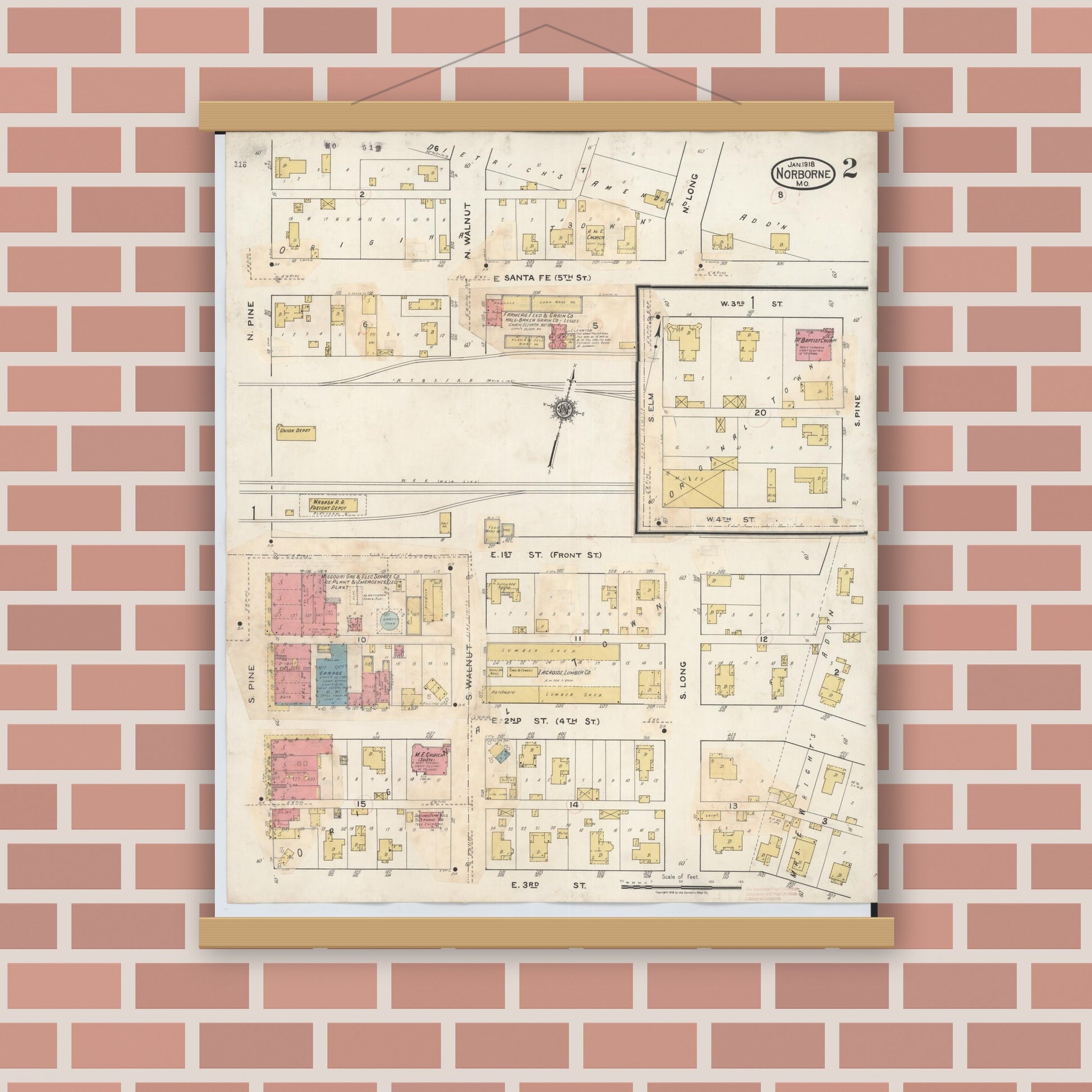 Old map wall art mockup — magnetic wood frame on brick wall — Sanborn Fire Insurance Map from Norborne, Carroll County, Missouri (1933), Sheet #0002
