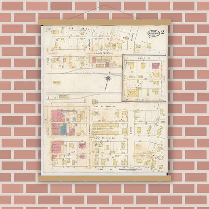 Old map wall art mockup — magnetic wood frame on brick wall — Sanborn Fire Insurance Map from Norborne, Carroll County, Missouri (1933), Sheet #0002