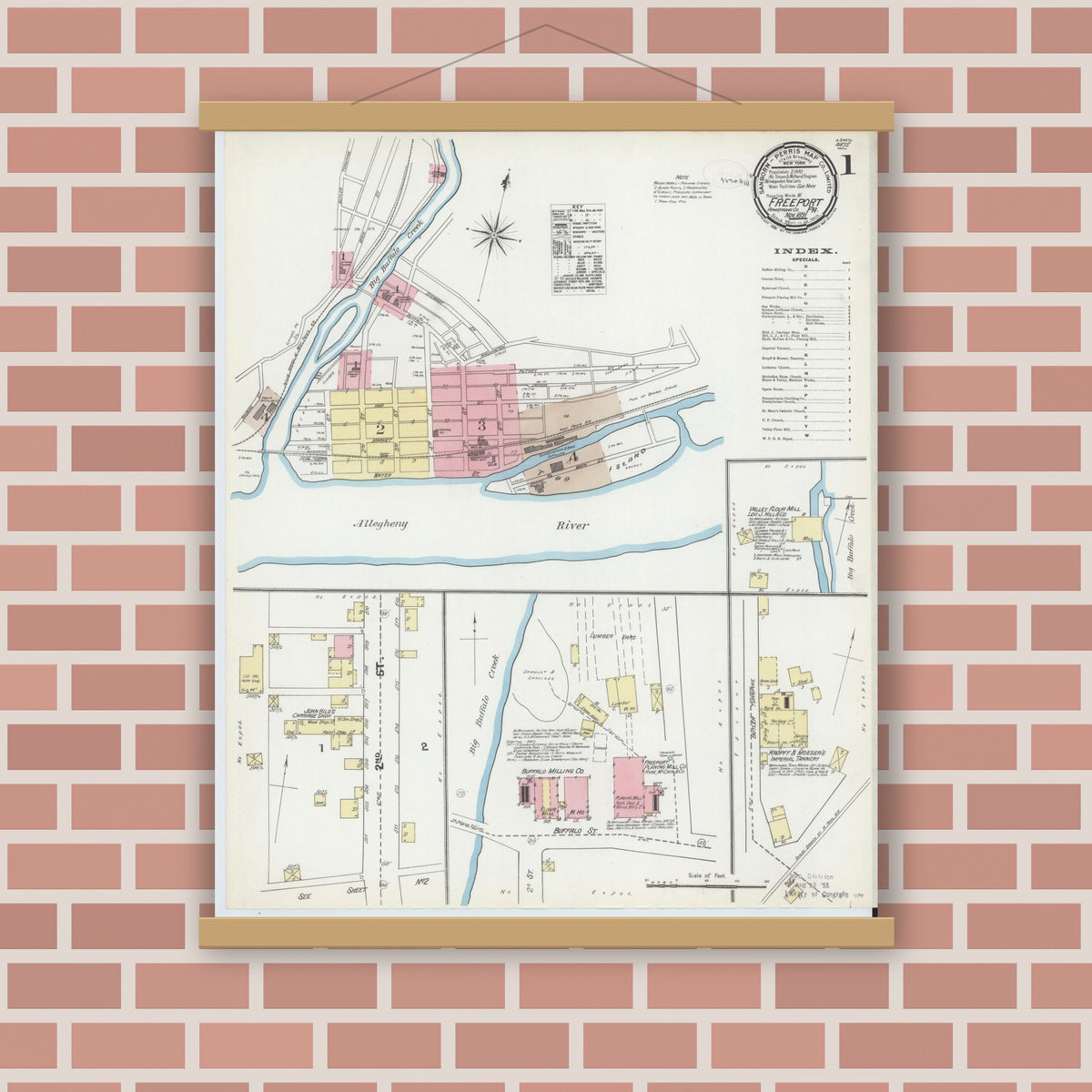Old map wall art mockup — magnetic wood frame on brick wall — Sanborn Fire Insurance Map from Freeport, Armstrong County, Pennsylvania (1891), Sheet #0001