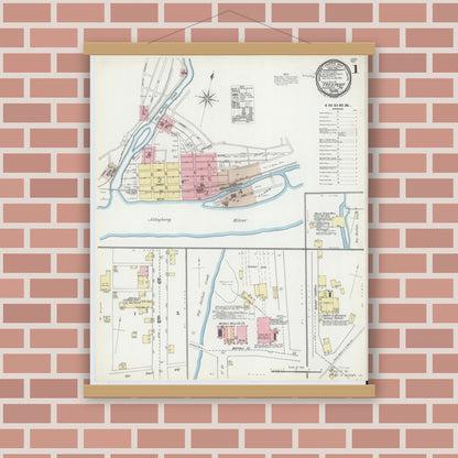 Old map wall art mockup — magnetic wood frame on brick wall — Sanborn Fire Insurance Map from Freeport, Armstrong County, Pennsylvania (1891), Sheet #0001