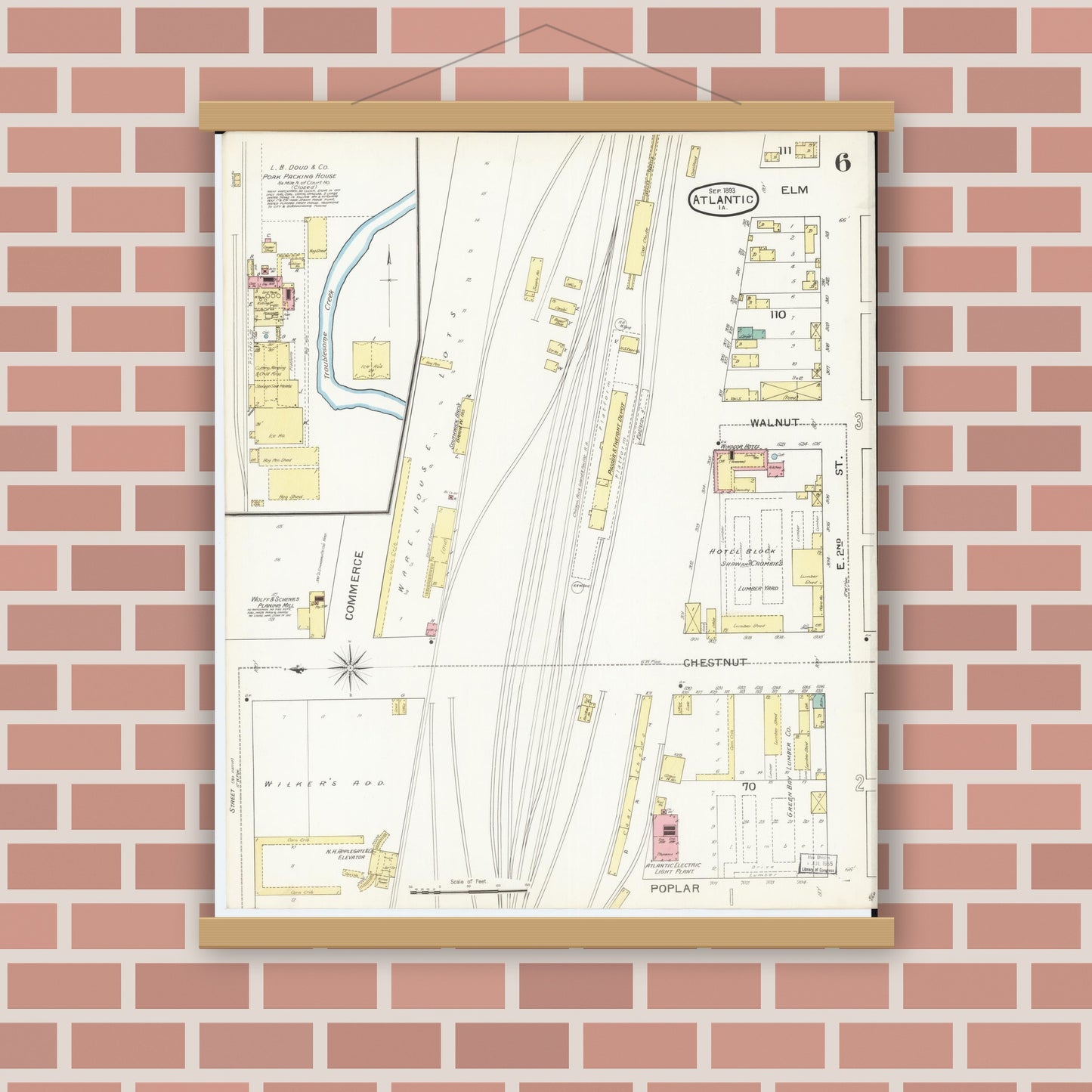 Old map wall art mockup — magnetic wood frame on brick wall — Sanborn Fire Insurance Map from Atlantic, Cass County, Iowa (1893), Sheet #0006