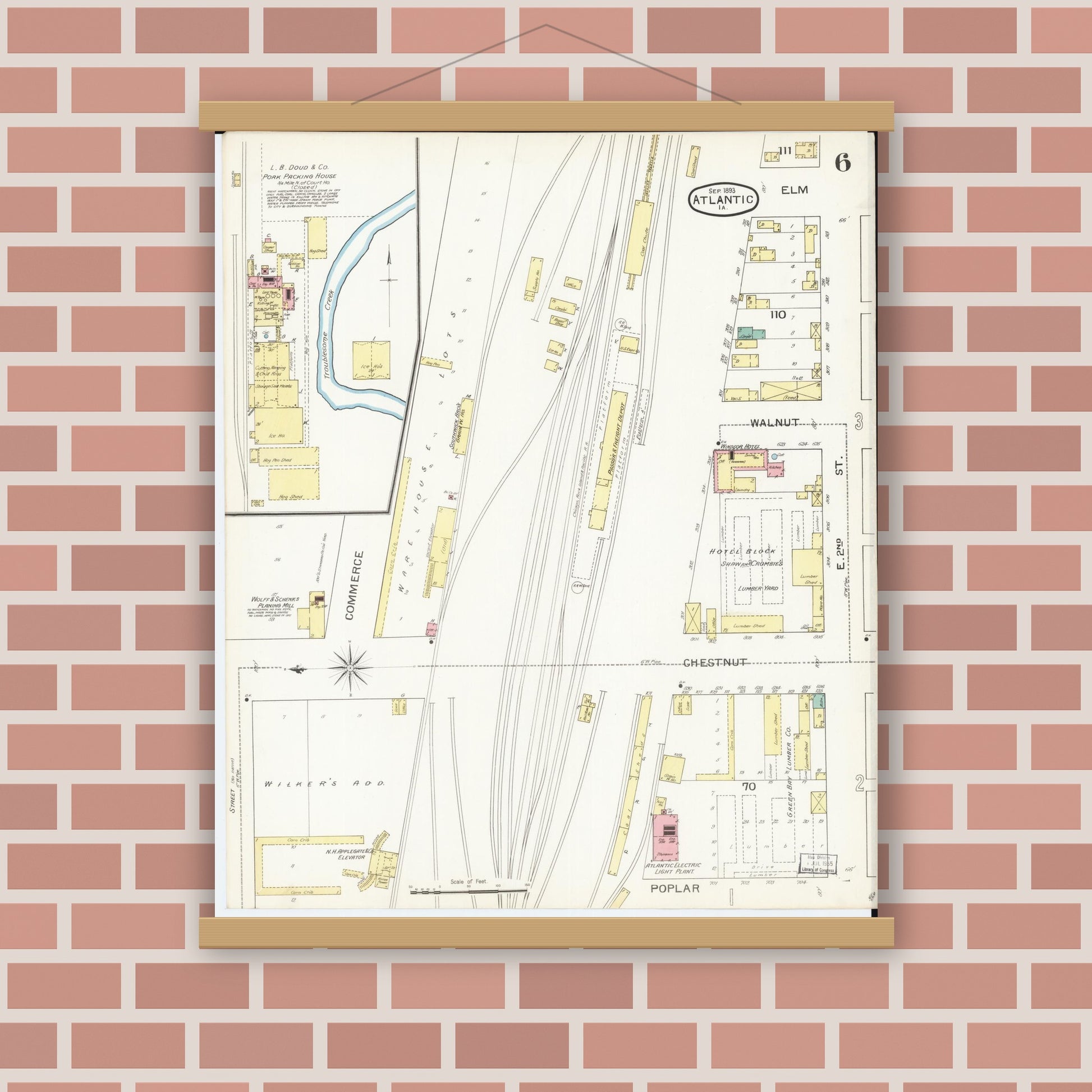Old map wall art mockup — magnetic wood frame on brick wall — Sanborn Fire Insurance Map from Atlantic, Cass County, Iowa (1893), Sheet #0006