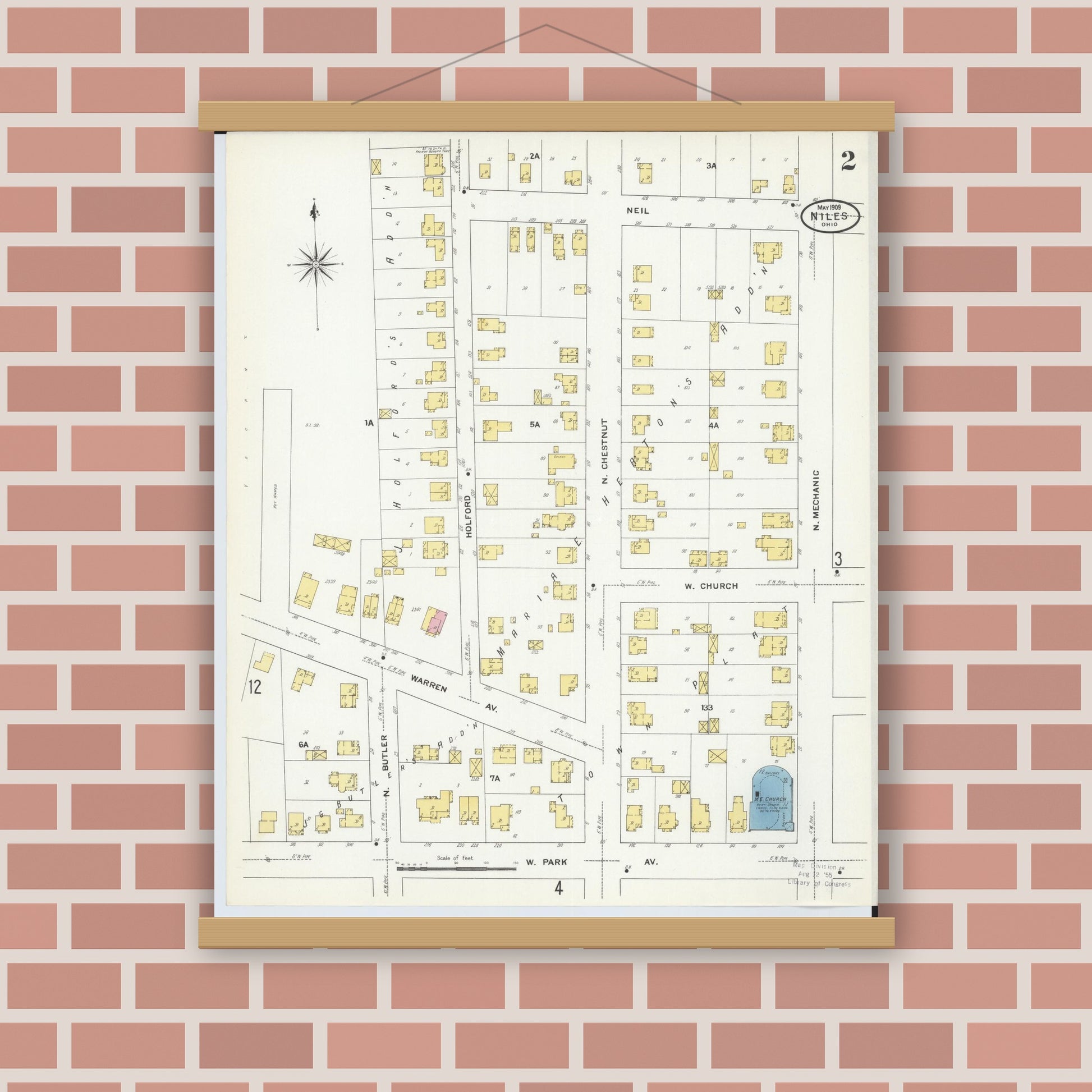 Old map wall art mockup — magnetic wood frame on brick wall — Sanborn Fire Insurance Map from Niles, Trumbull County, Ohio (1909), Sheet #0002