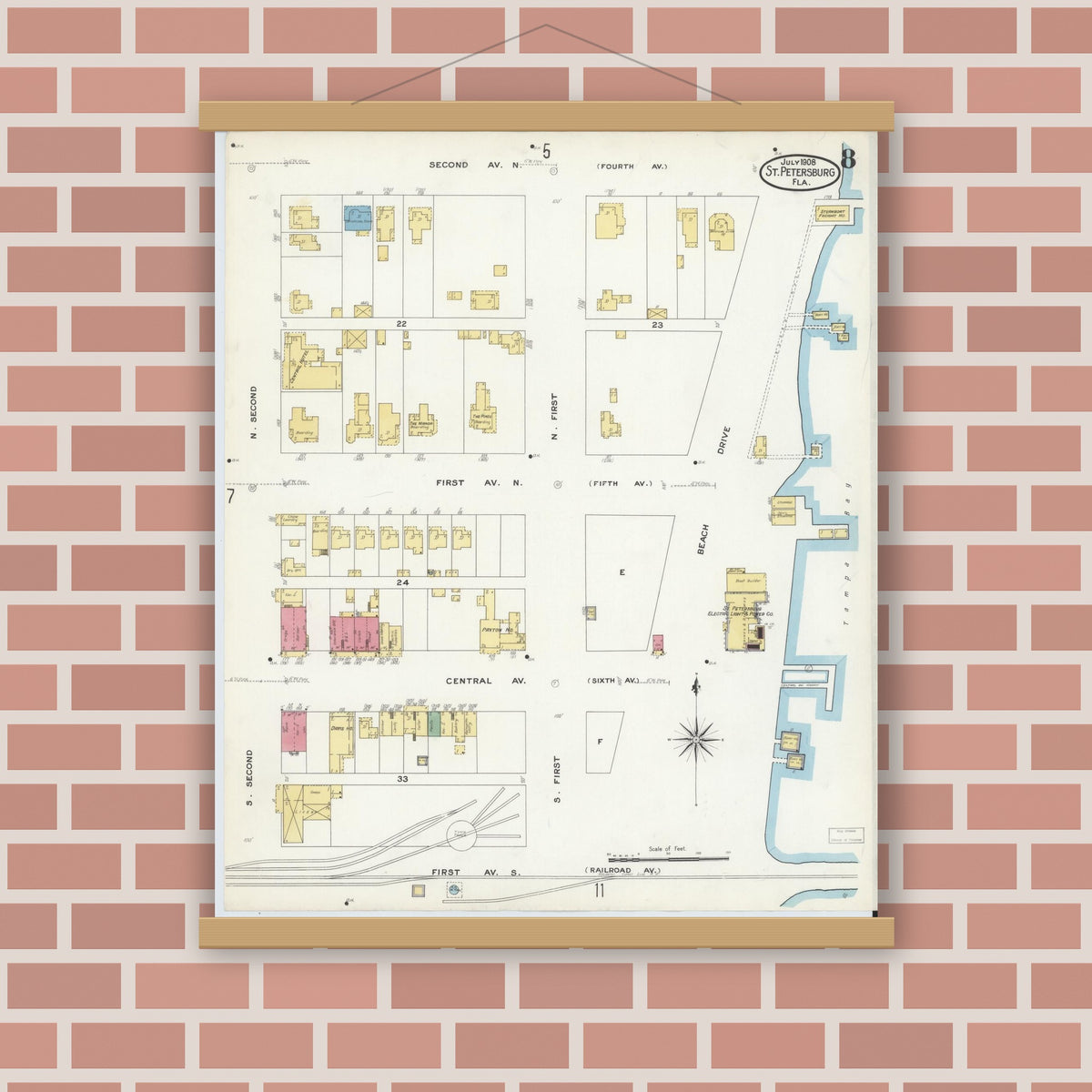 Old map wall art mockup — magnetic wood frame on brick wall — Sanborn Fire Insurance Map from Saint Petersburg, Pinellas County, Florida (1908), Sheet #0008