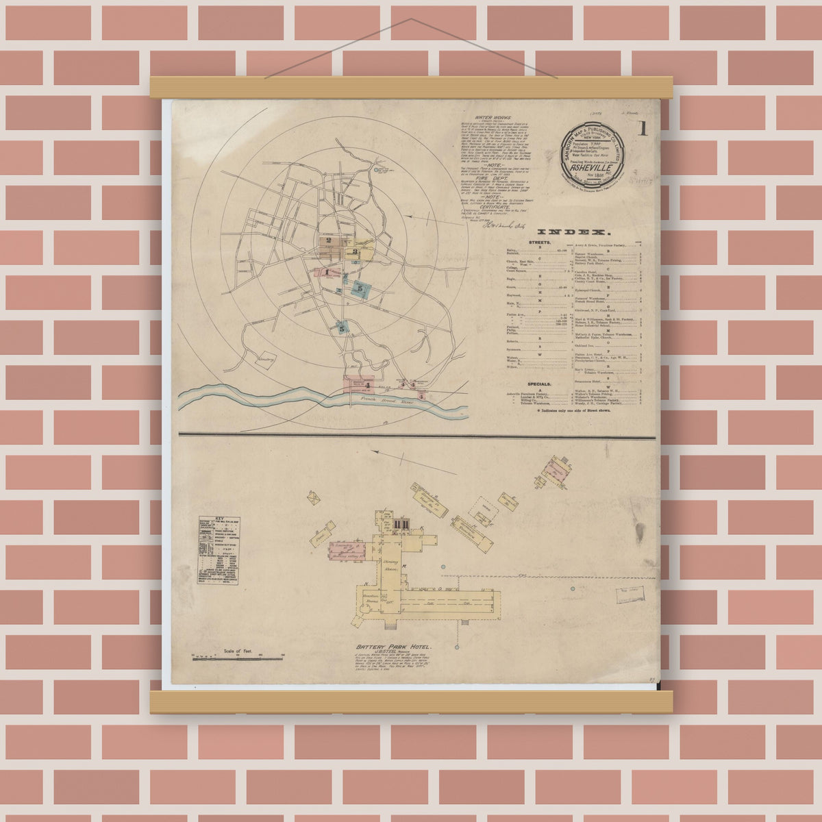 Old map wall art mockup — magnetic wood frame on brick wall — Sanborn Fire Insurance Map from Asheville, Buncombe County, North Carolina (1888) - Complete Map Set