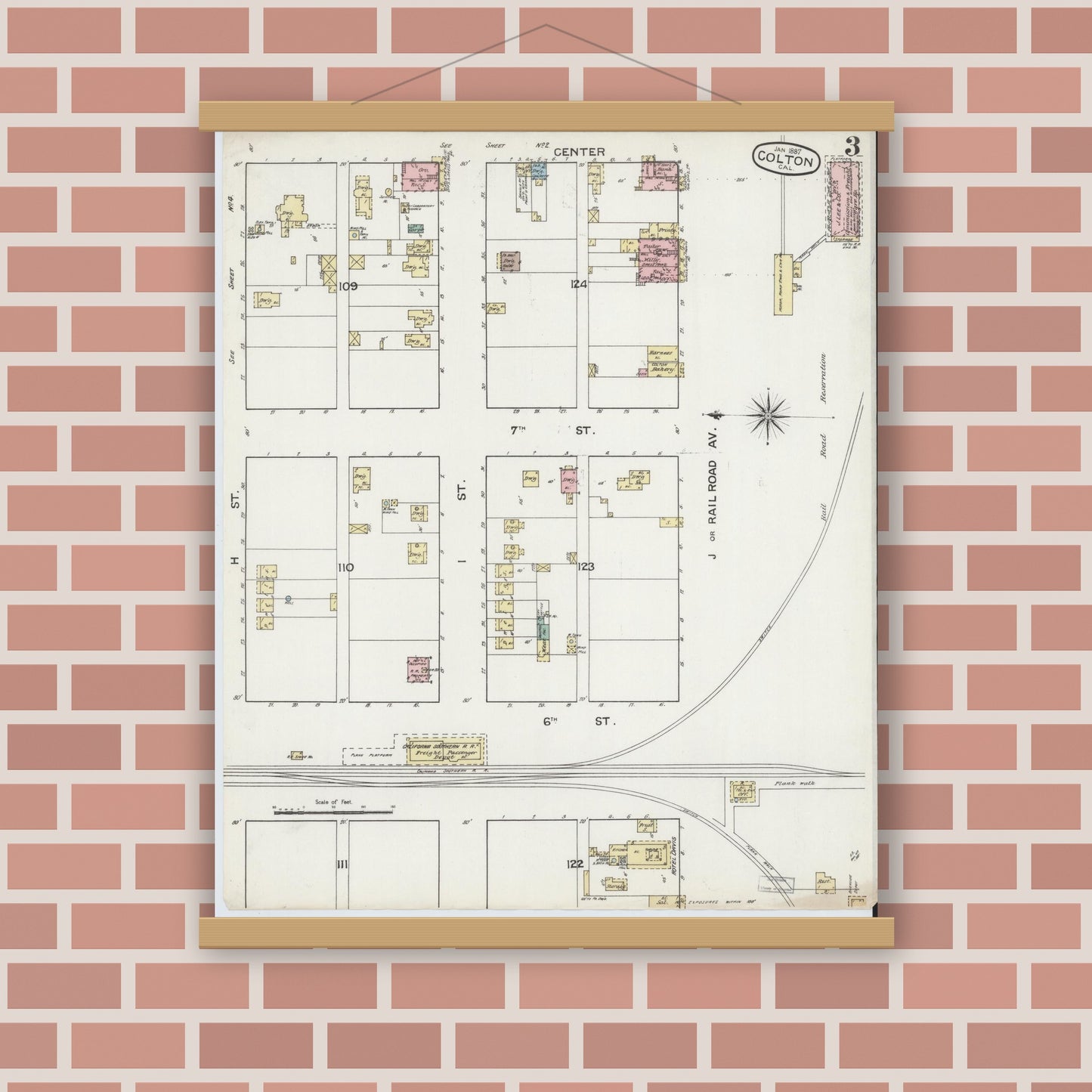 Old map wall art mockup — magnetic wood frame on brick wall — Sanborn Fire Insurance Map from Colton, San Bernardino County, California (1887), Sheet #0003