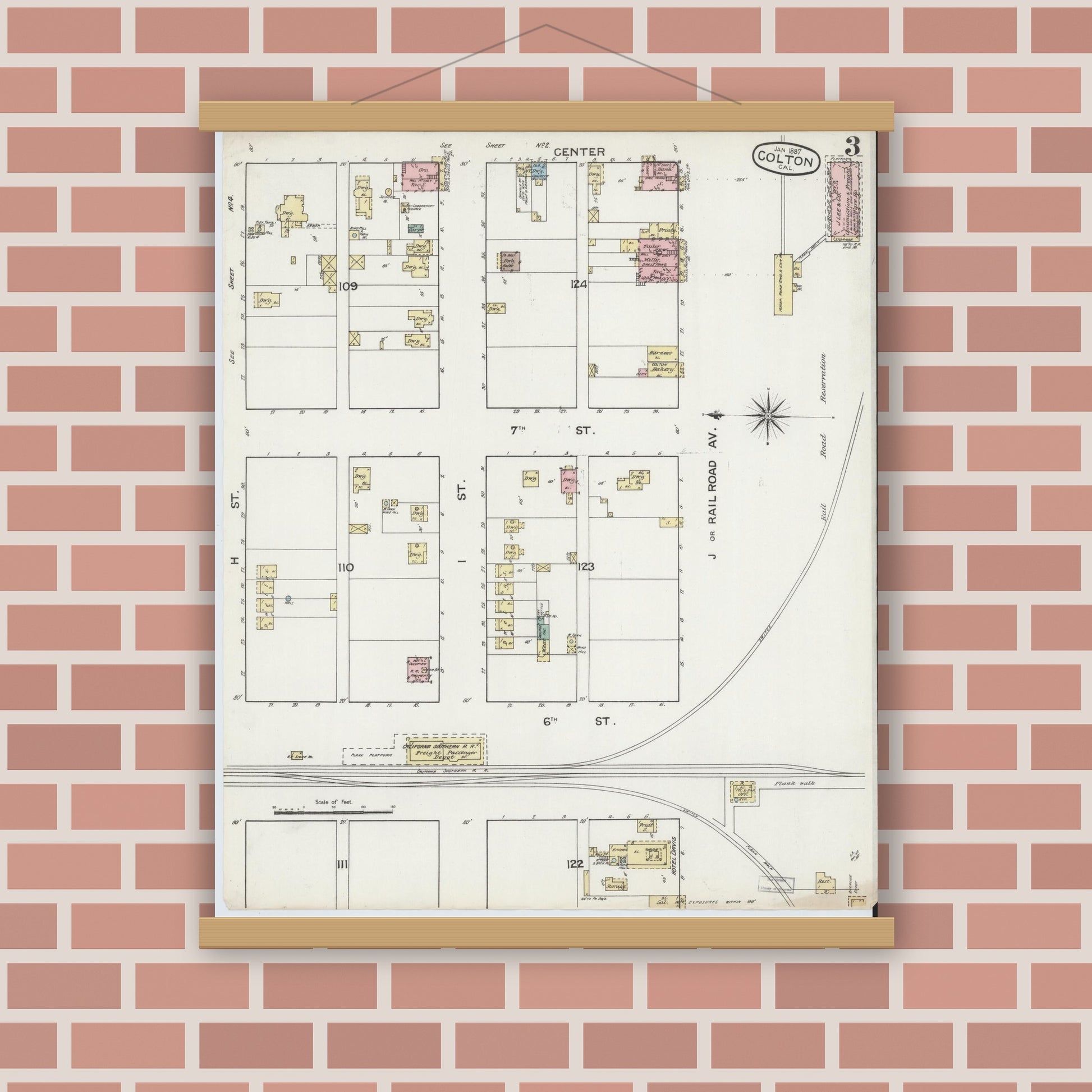 Old map wall art mockup — magnetic wood frame on brick wall — Sanborn Fire Insurance Map from Colton, San Bernardino County, California (1887), Sheet #0003