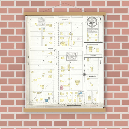 Old map wall art mockup — magnetic wood frame on brick wall — Sanborn Fire Insurance Map from Jesup, Buchanan County, Iowa (1915) â€” Complete Set
