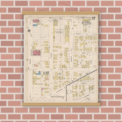 Old map wall art mockup — magnetic wood frame on brick wall — Sanborn Fire Insurance Map from Sault Sainte Marie, Chippewa County, Michigan (1922), Sheet #0027