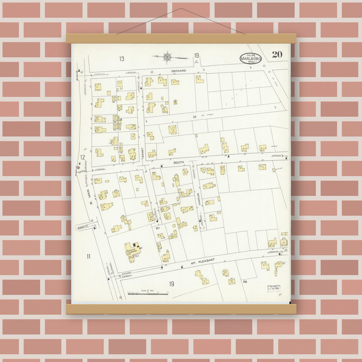 Old map wall art mockup — magnetic wood frame on brick wall — Sanborn Fire Insurance Map from Marlborough, Middlesex County, Massachusetts (1912), Sheet #0020