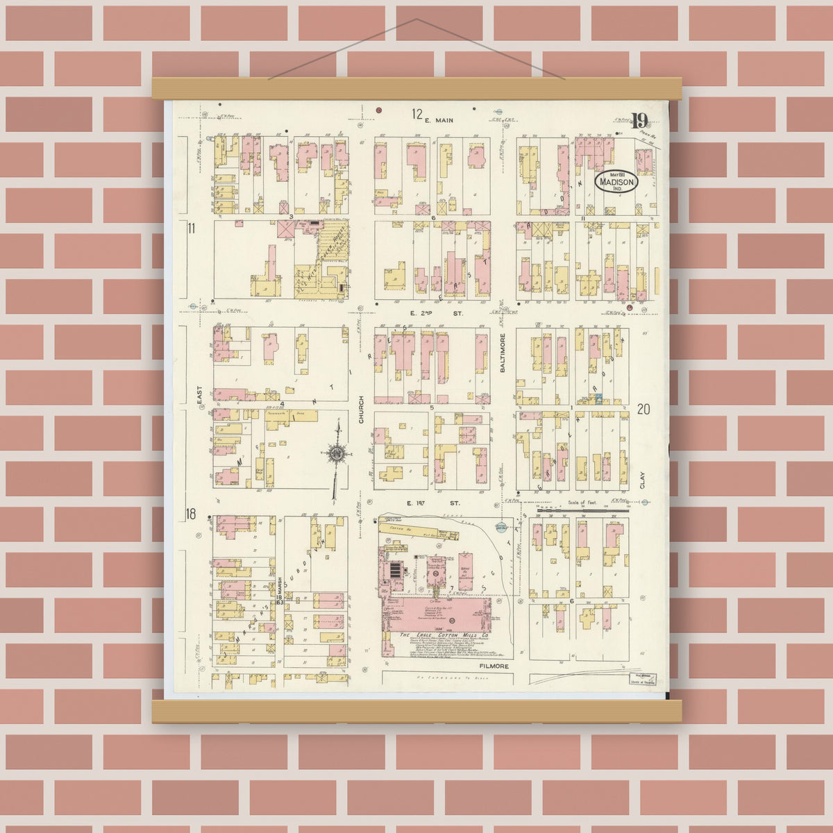 Old map wall art mockup — magnetic wood frame on brick wall — Sanborn Fire Insurance Map from Madison, Jefferson County, Indiana (1911), Sheet #0019