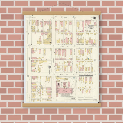 Old map wall art mockup — magnetic wood frame on brick wall — Sanborn Fire Insurance Map from Madison, Jefferson County, Indiana (1911), Sheet #0019