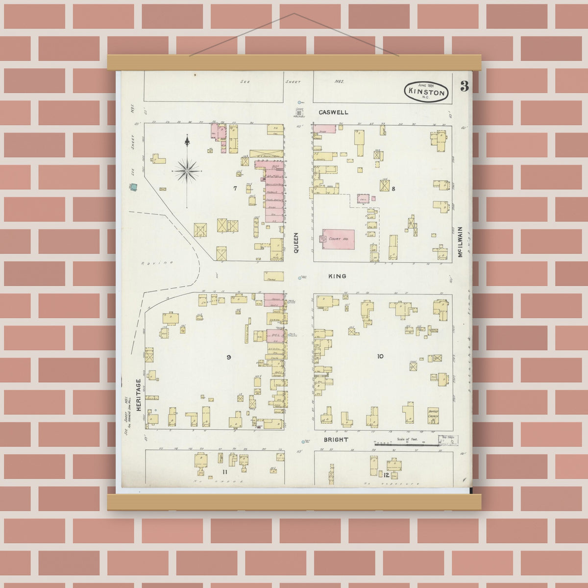 Old map wall art mockup — magnetic wood frame on brick wall — Sanborn Fire Insurance Map from Kinston, Lenoir County, North Carolina (1891), Sheet #0003