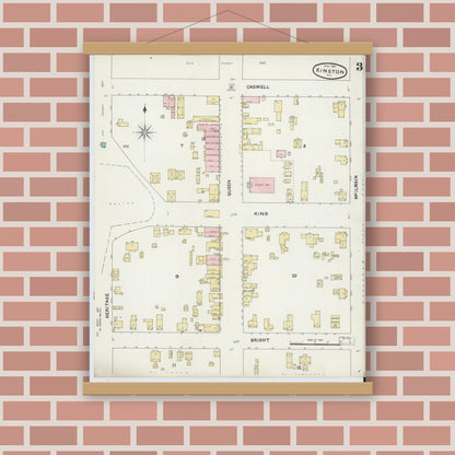 Old map wall art mockup — magnetic wood frame on brick wall — Sanborn Fire Insurance Map from Kinston, Lenoir County, North Carolina (1891), Sheet #0003