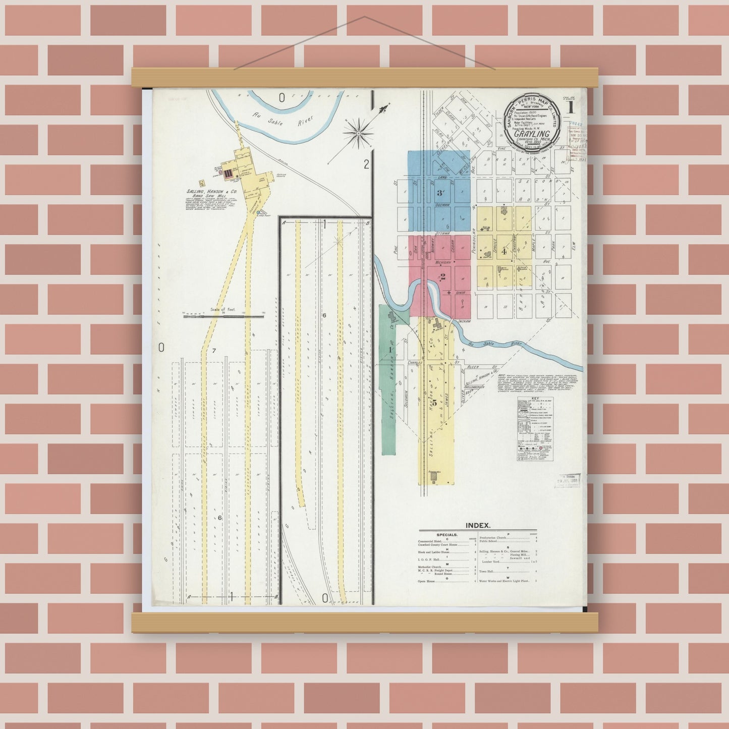Old map wall art mockup — magnetic wood frame on brick wall — Sanborn Fire Insurance Map from Grayling, Crawford County, Michigan (1900) - Complete Map Set