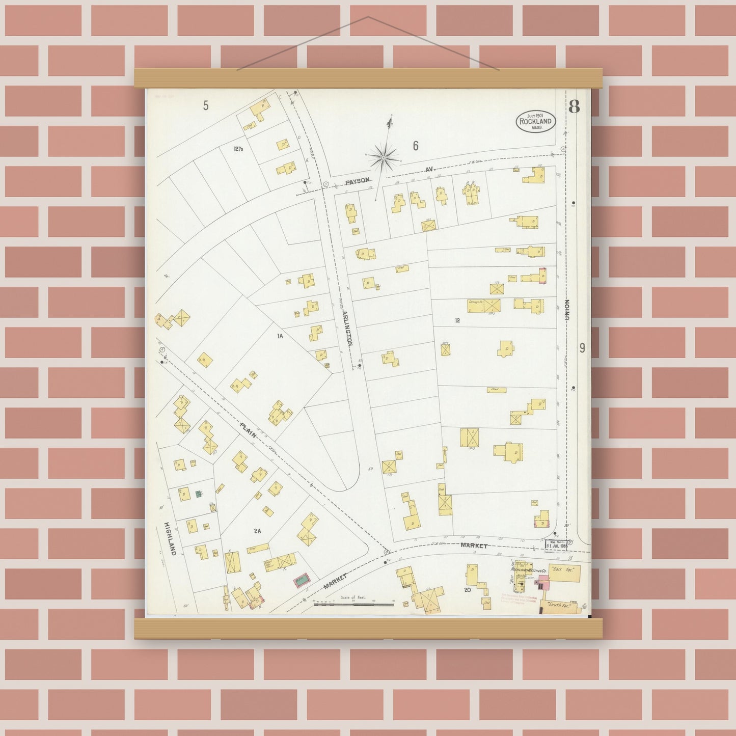 Old map wall art mockup — magnetic wood frame on brick wall — Sanborn Fire Insurance Map from Rockland, Plymouth County, Massachusetts (1901), Sheet #0008