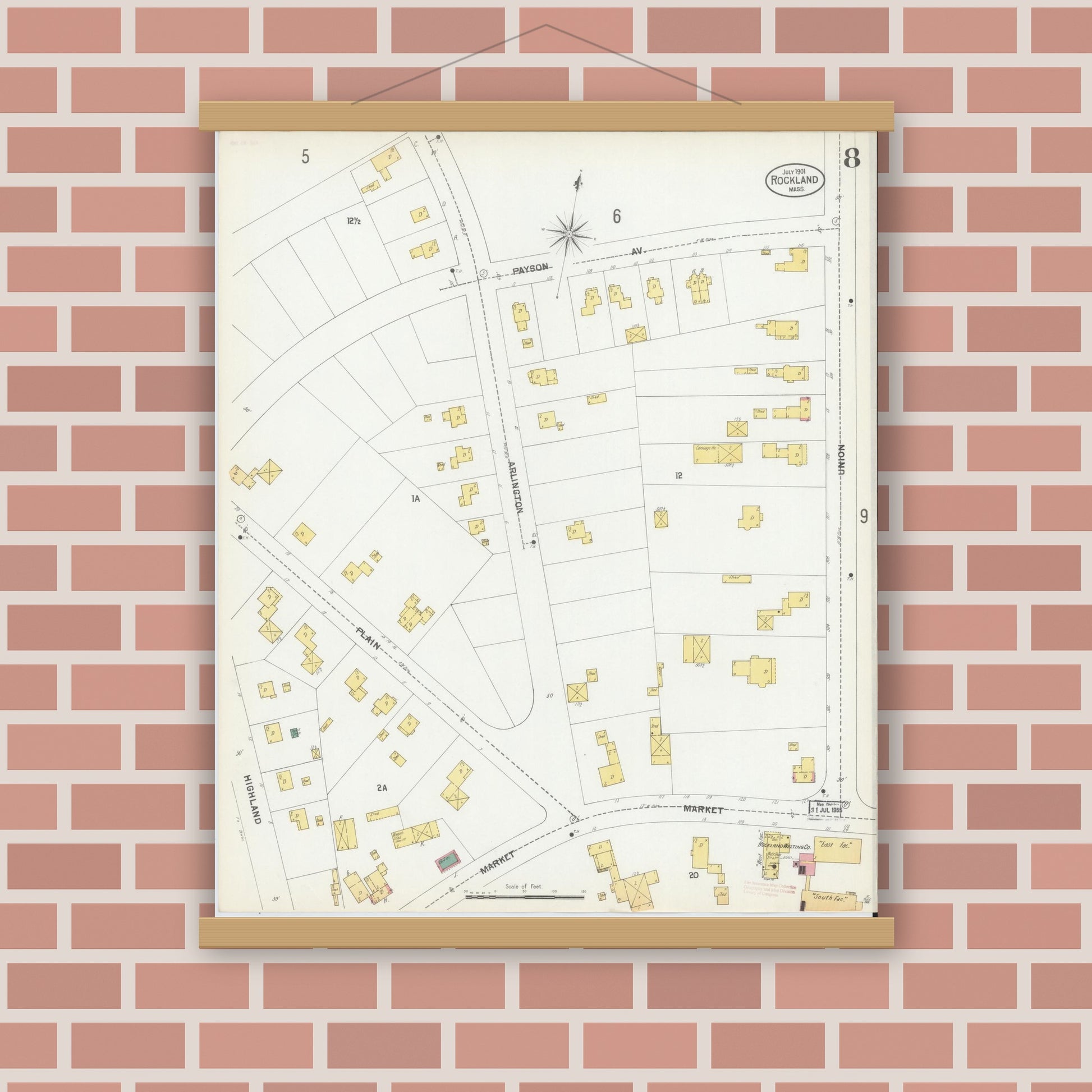 Old map wall art mockup — magnetic wood frame on brick wall — Sanborn Fire Insurance Map from Rockland, Plymouth County, Massachusetts (1901), Sheet #0008