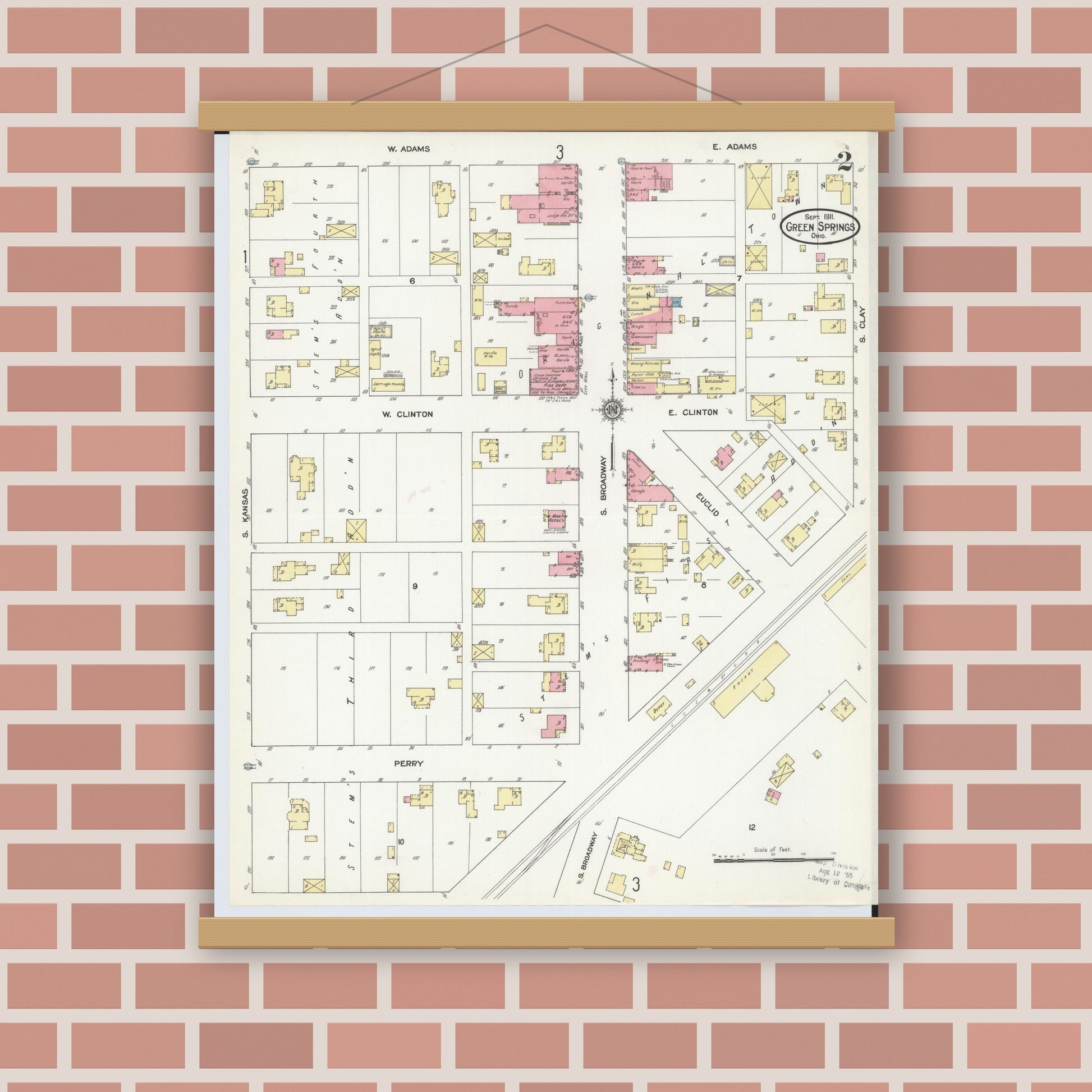 Old map wall art mockup — magnetic wood frame on brick wall — Sanborn Fire Insurance Map from Green Springs, Sandusky And Seneca Counties, Ohio (1911), Sheet #0002