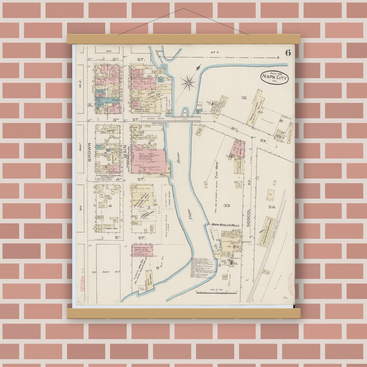 Old map wall art mockup — magnetic wood frame on brick wall — Sanborn Fire Insurance Map from Napa, Napa County, California (1886), Sheet #0006