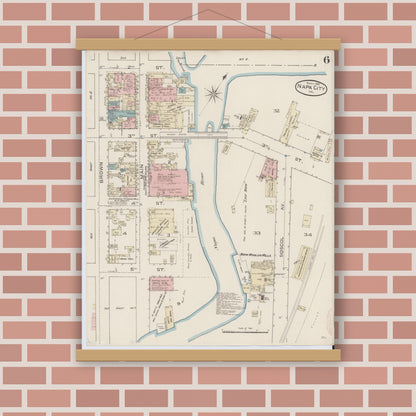 Old map wall art mockup — magnetic wood frame on brick wall — Sanborn Fire Insurance Map from Napa, Napa County, California (1886), Sheet #0006