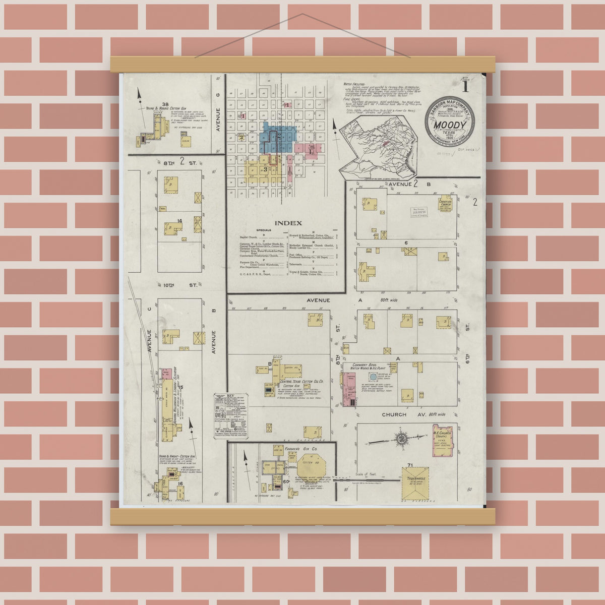 Old map wall art mockup — magnetic wood frame on brick wall — Sanborn Fire Insurance Map from Moody, McLennan County, Texas (1920) - Complete Map Set