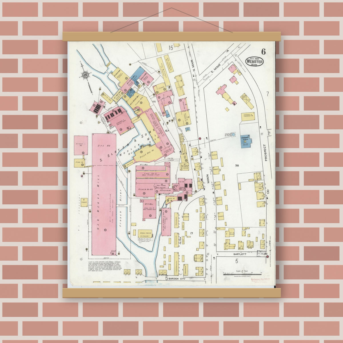 Old map wall art mockup — magnetic wood frame on brick wall — Sanborn Fire Insurance Map from Webster, Worcester County, Massachusetts (1920), Sheet #0006
