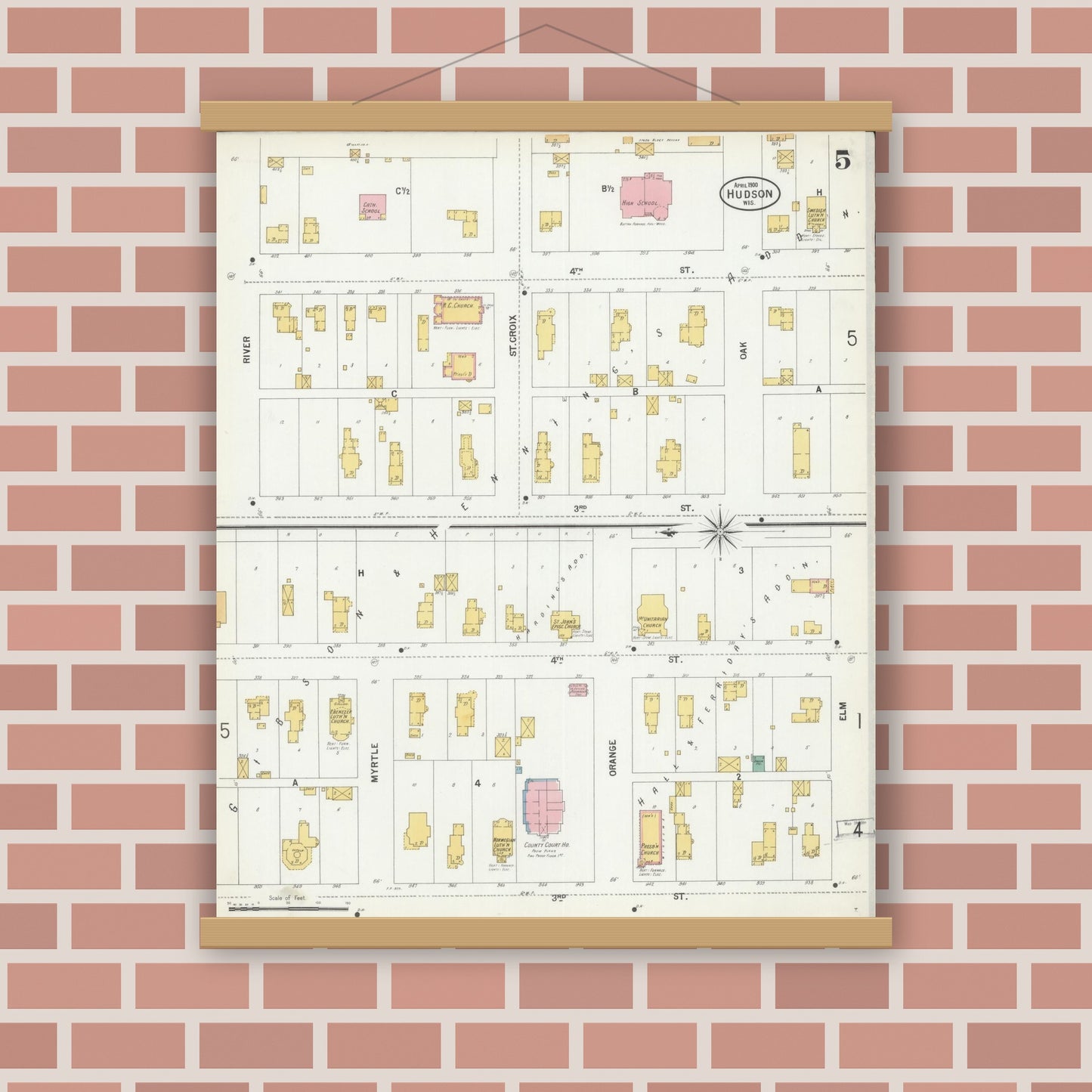 Old map wall art mockup — magnetic wood frame on brick wall — Sanborn Fire Insurance Map from Hudson, St. Croix County, Wisconsin (1900), Sheet #0005