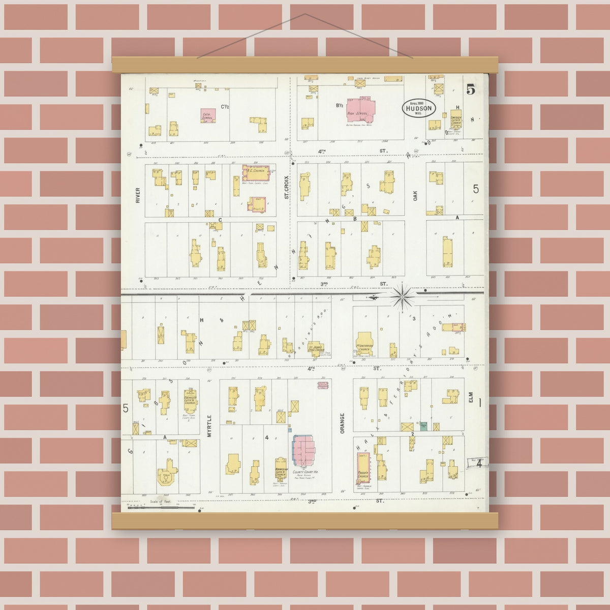 Old map wall art mockup — magnetic wood frame on brick wall — Sanborn Fire Insurance Map from Hudson, St. Croix County, Wisconsin (1900), Sheet #0005