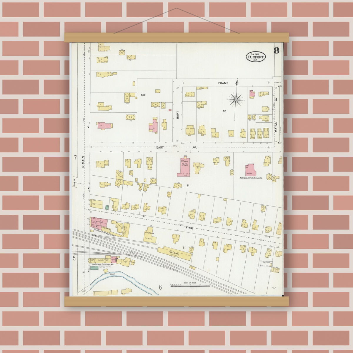 Old map wall art mockup — magnetic wood frame on brick wall — Sanborn Fire Insurance Map from Fairport, Monroe County, New York (1905), Sheet #0008