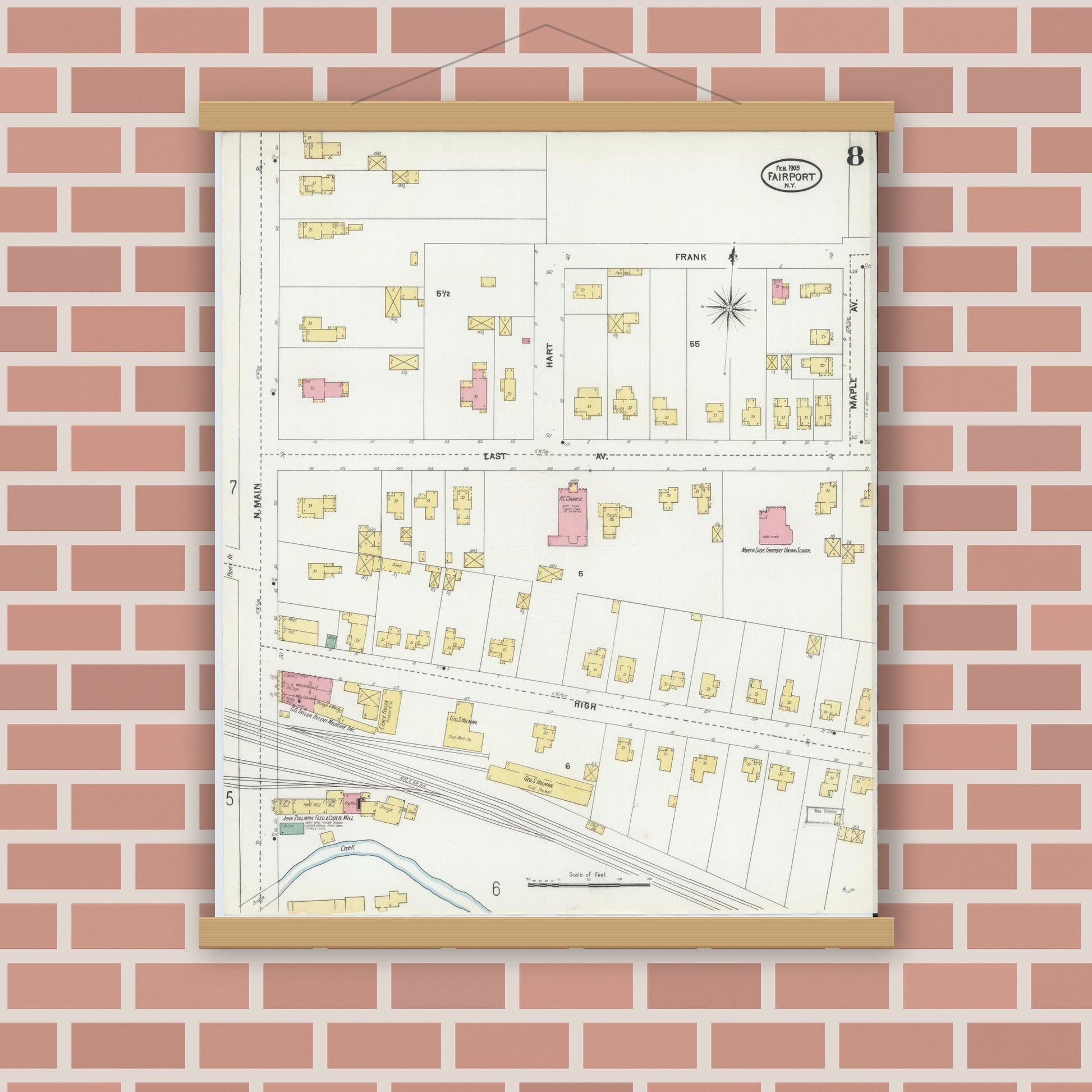 Old map wall art mockup — magnetic wood frame on brick wall — Sanborn Fire Insurance Map from Fairport, Monroe County, New York (1905), Sheet #0008