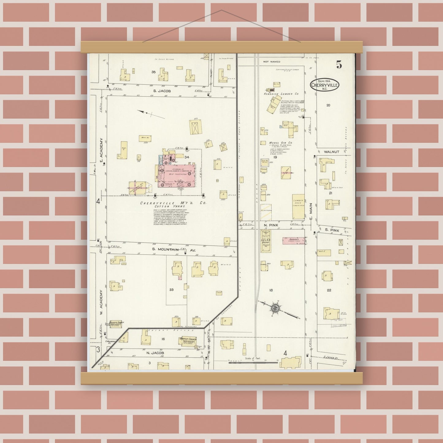 Old map wall art mockup — magnetic wood frame on brick wall — Sanborn Fire Insurance Map from Cherryville, Gaston County, North Carolina (1914), Sheet #0005