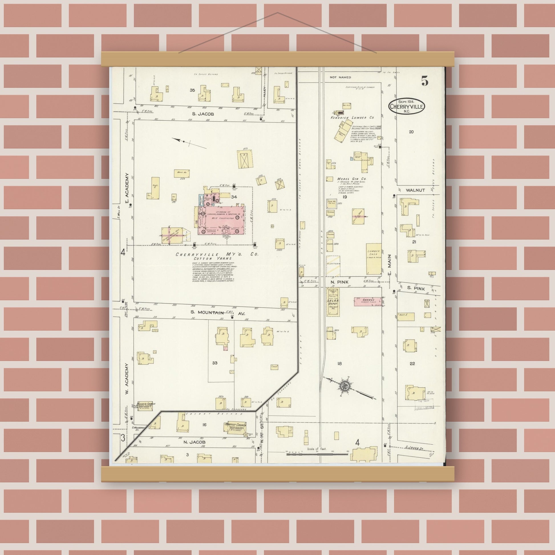 Old map wall art mockup — magnetic wood frame on brick wall — Sanborn Fire Insurance Map from Cherryville, Gaston County, North Carolina (1914), Sheet #0005