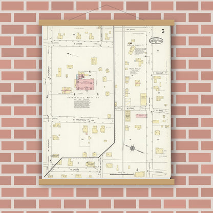 Old map wall art mockup — magnetic wood frame on brick wall — Sanborn Fire Insurance Map from Cherryville, Gaston County, North Carolina (1914), Sheet #0005