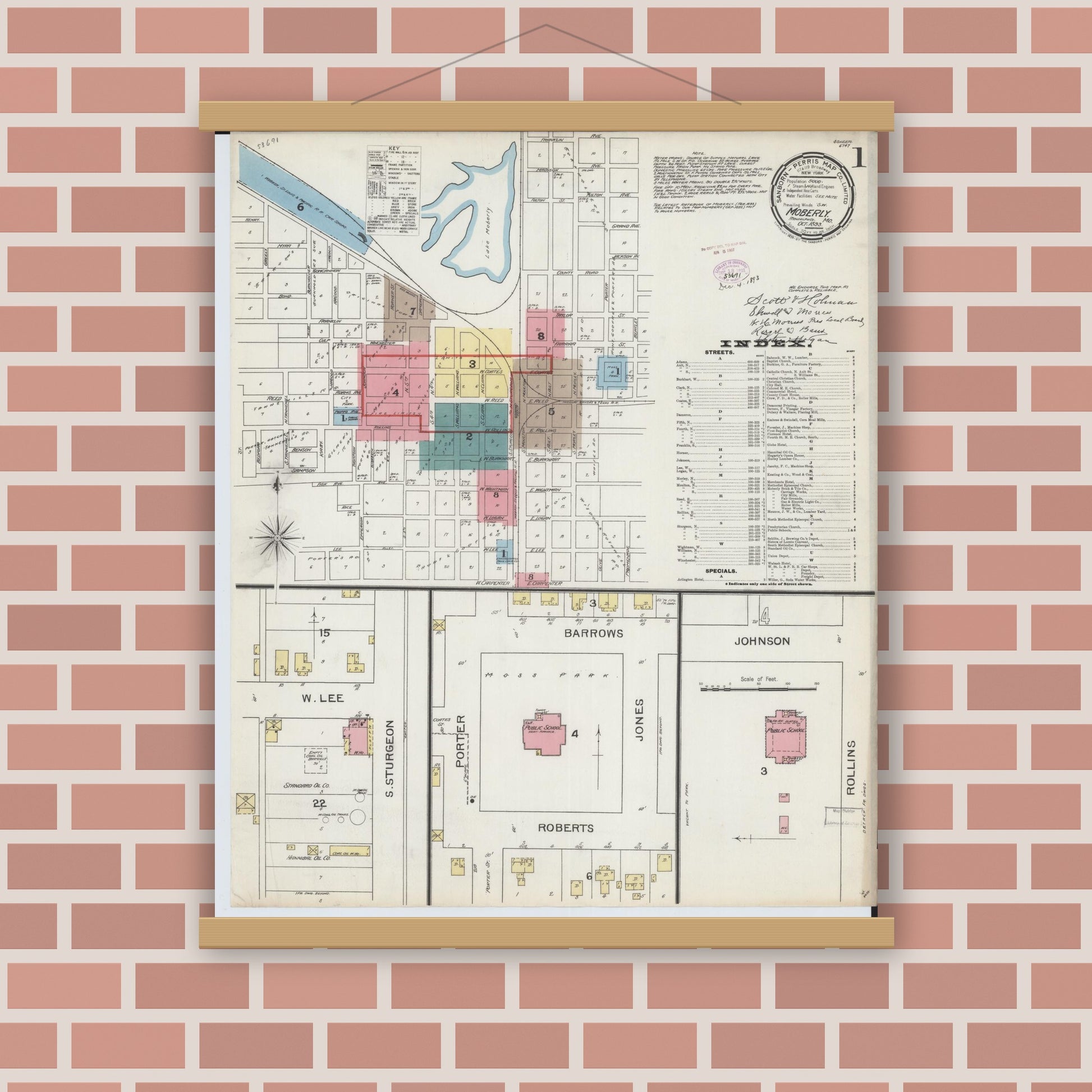 Old map wall art mockup — magnetic wood frame on brick wall — Sanborn Fire Insurance Map from Moberly, Randolph County, Missouri (1893), Sheet #0001