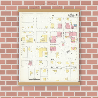 Old map wall art mockup — magnetic wood frame on brick wall — Sanborn Fire Insurance Map from Monticello, Jefferson County, Florida (1909), Sheet #0003