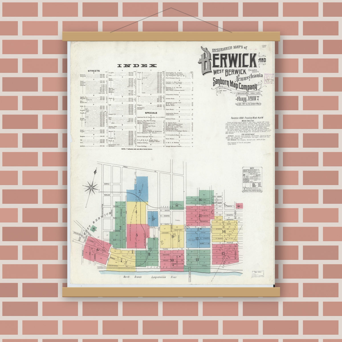 Old map wall art mockup — magnetic wood frame on brick wall — Sanborn Fire Insurance Map from Berwick, Columbia County, Pennsylvania (1907), Sheet #0001