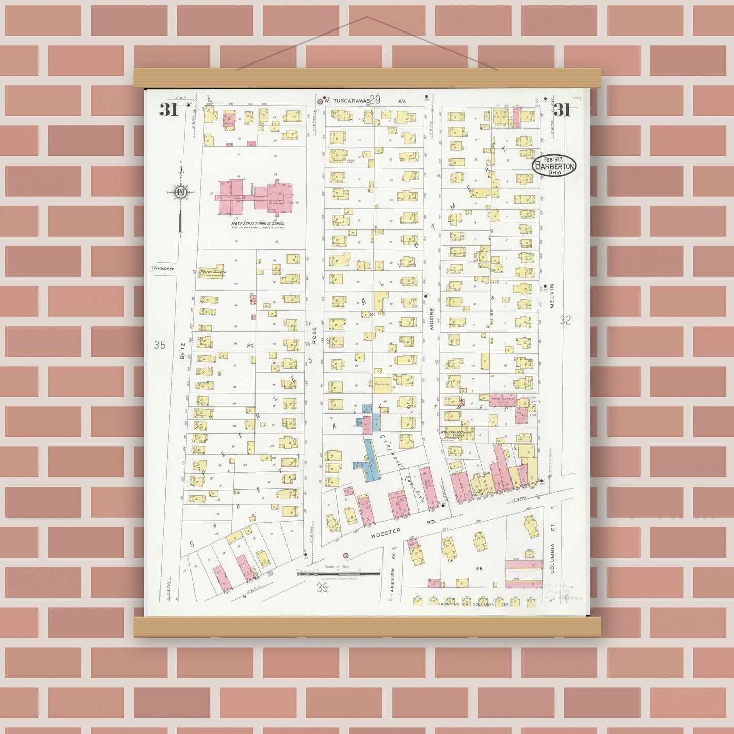Old map wall art mockup — magnetic wood frame on brick wall — Sanborn Fire Insurance Map from Barberton, Summit County, Ohio (1927), Sheet #0031