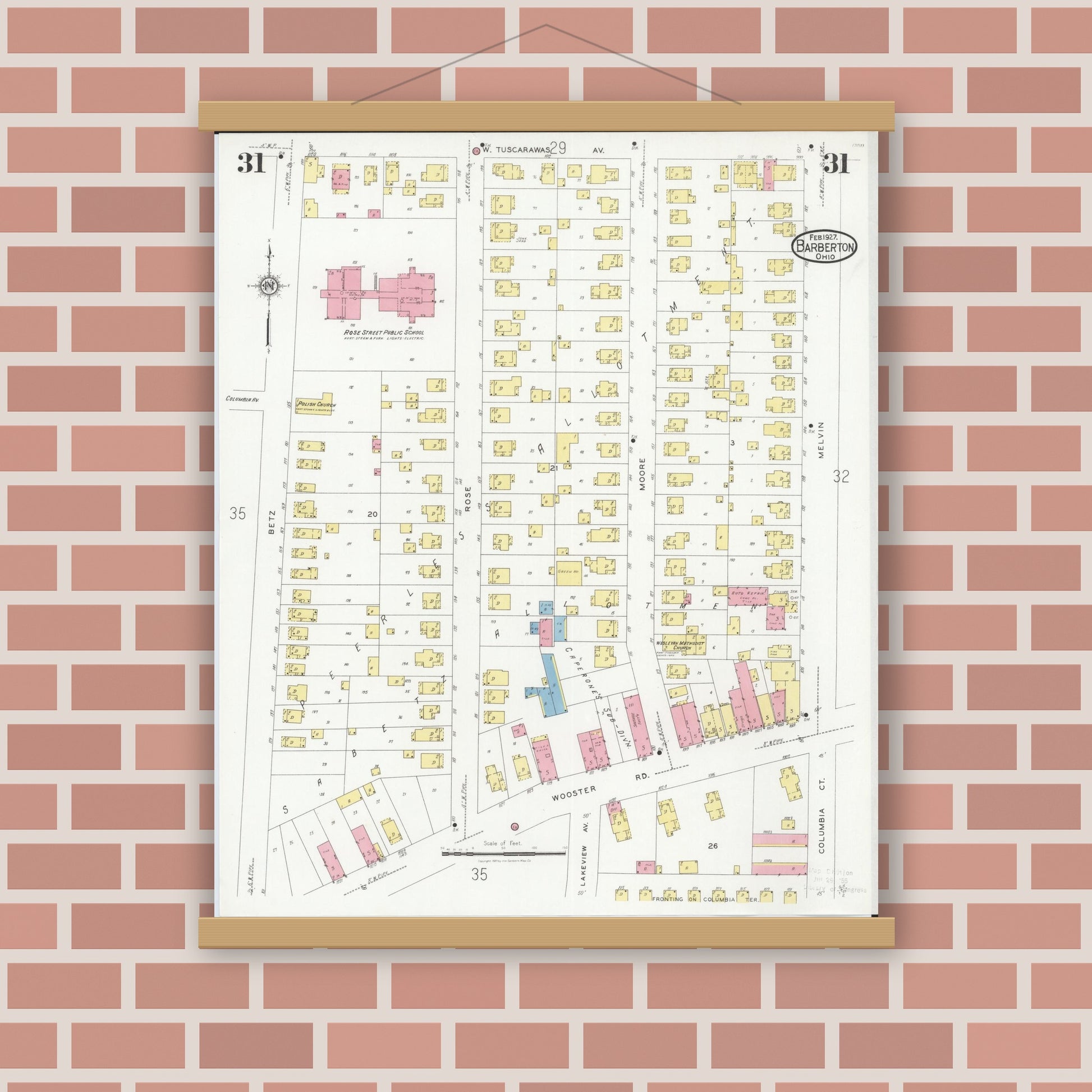 Old map wall art mockup — magnetic wood frame on brick wall — Sanborn Fire Insurance Map from Barberton, Summit County, Ohio (1927), Sheet #0031