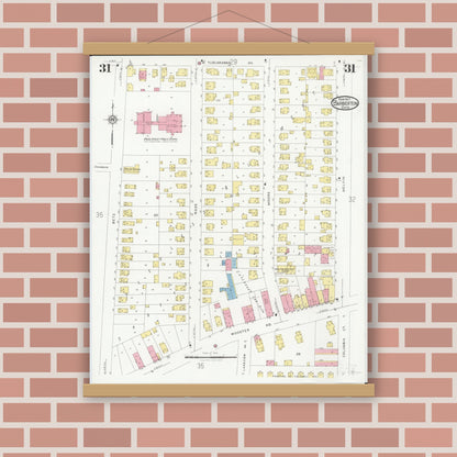 Old map wall art mockup — magnetic wood frame on brick wall — Sanborn Fire Insurance Map from Barberton, Summit County, Ohio (1927), Sheet #0031