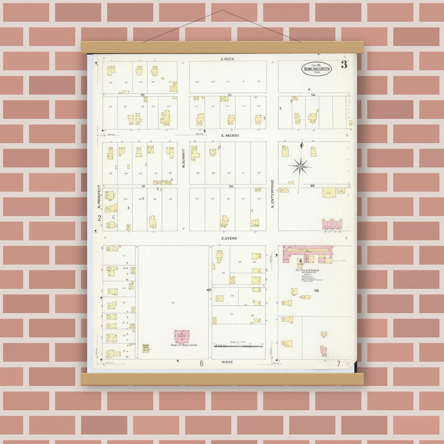 Old map wall art mockup — magnetic wood frame on brick wall — Sanborn Fire Insurance Map from Bowling Green, Wood County, Ohio (1908), Sheet #0003
