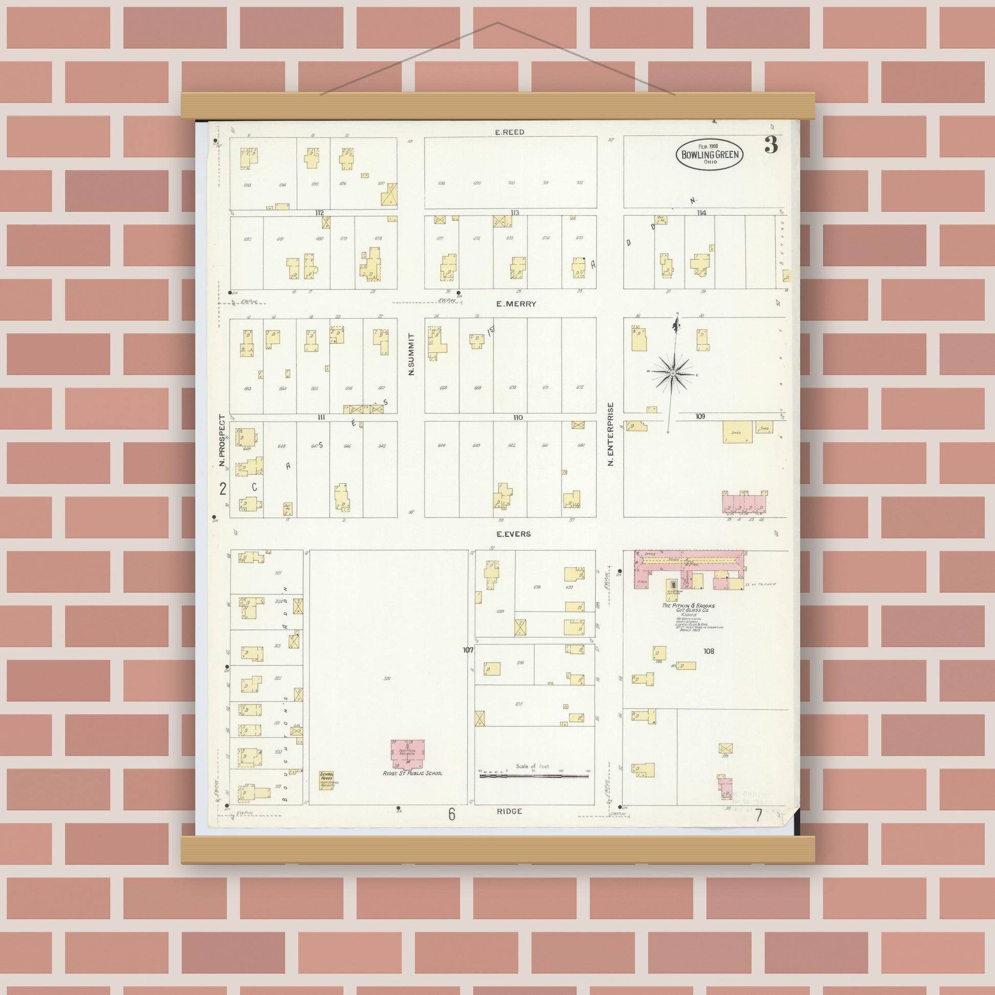 Old map wall art mockup — magnetic wood frame on brick wall — Sanborn Fire Insurance Map from Bowling Green, Wood County, Ohio (1908), Sheet #0003