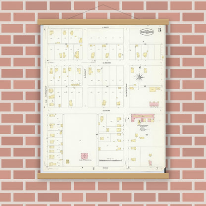 Old map wall art mockup — magnetic wood frame on brick wall — Sanborn Fire Insurance Map from Bowling Green, Wood County, Ohio (1908), Sheet #0003